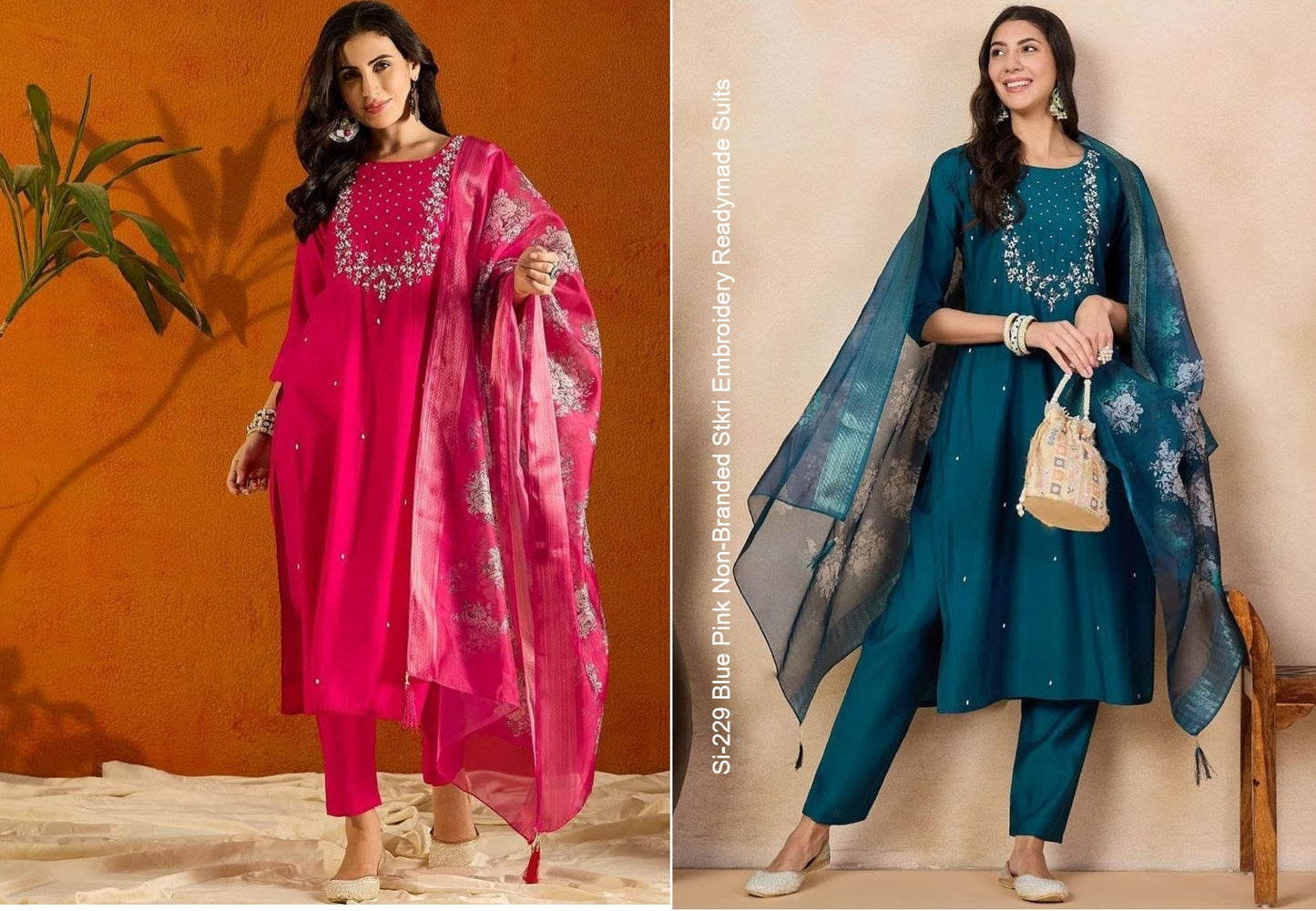 Si-229 Blue Pink Non-Branded Stkri Embroidery Readymade Suits