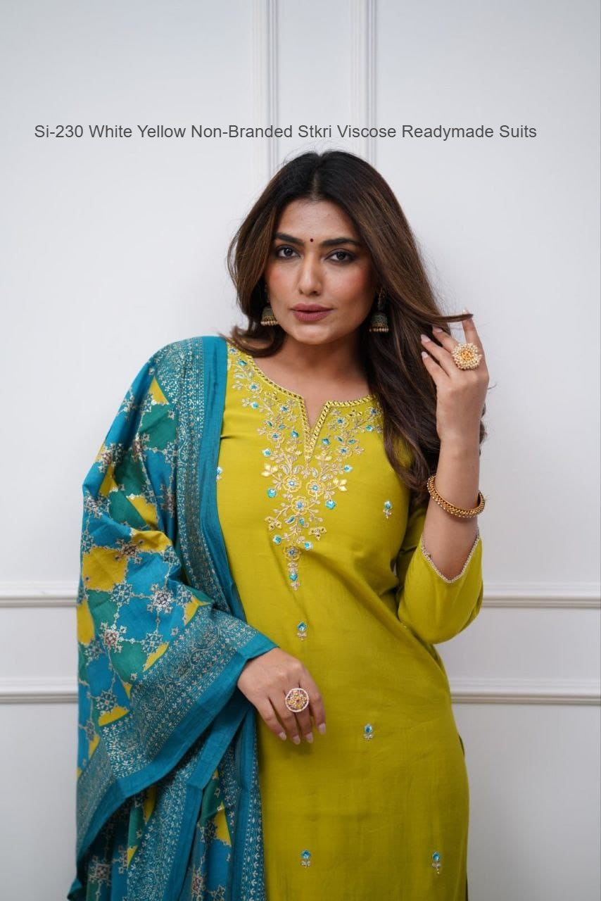 Si-230 White Yellow Non-Branded Stkri Viscose Readymade Suits