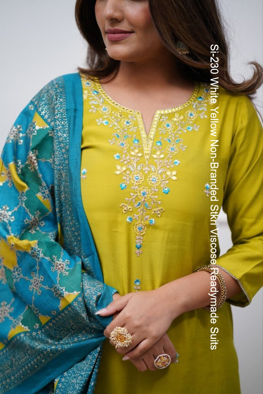 Si-230 White Yellow Non-Branded Stkri Viscose Readymade Suits
