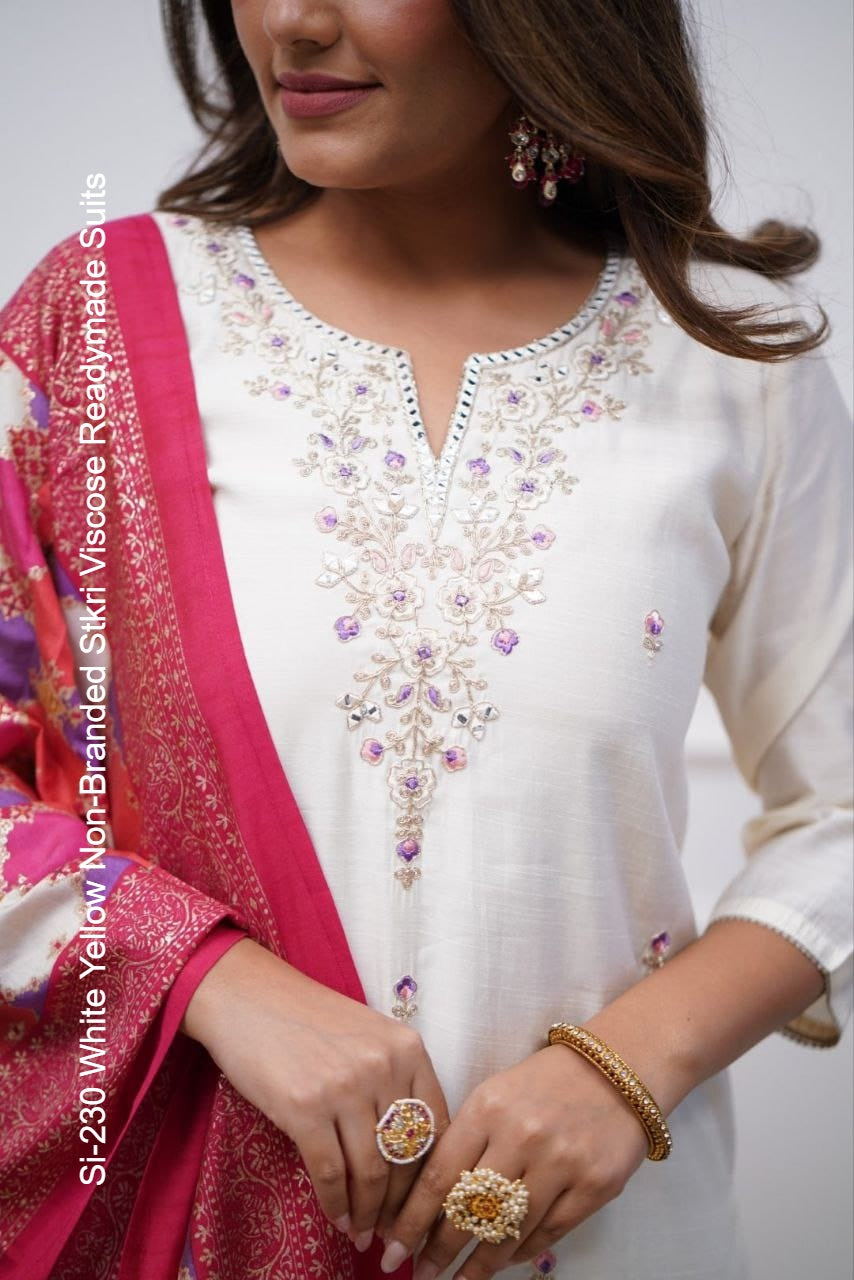 Si-230 White Yellow Non-Branded Stkri Viscose Readymade Suits