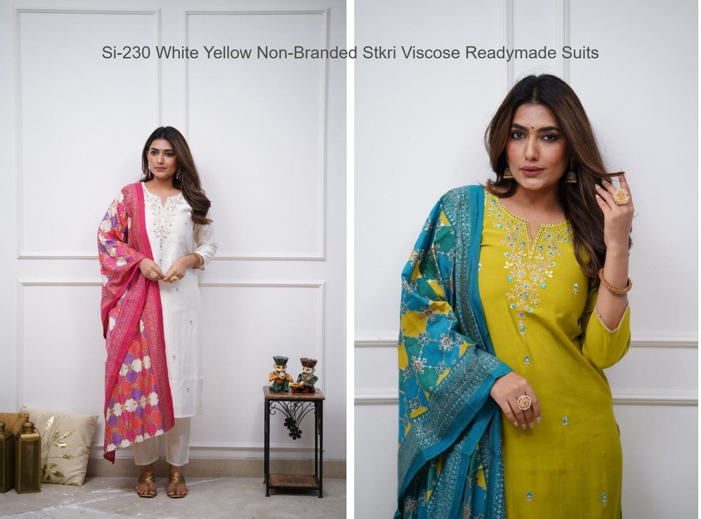 Si-230 White Yellow Non-Branded Stkri Viscose Readymade Suits