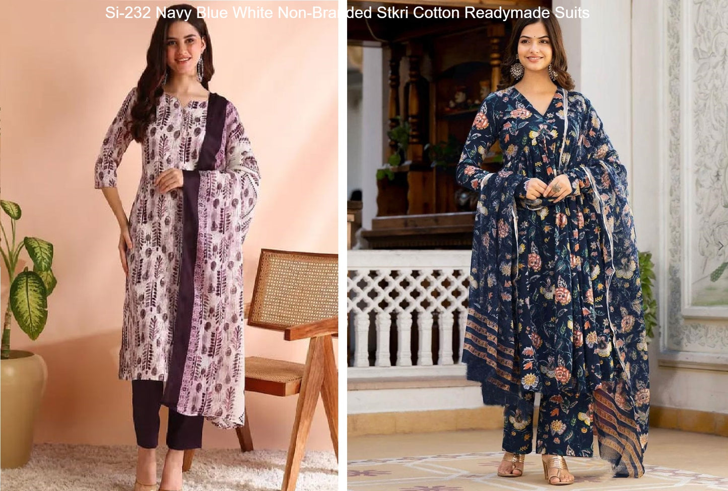 Si-232 Navy Blue White Non-Branded Stkri Cotton Readymade Suits