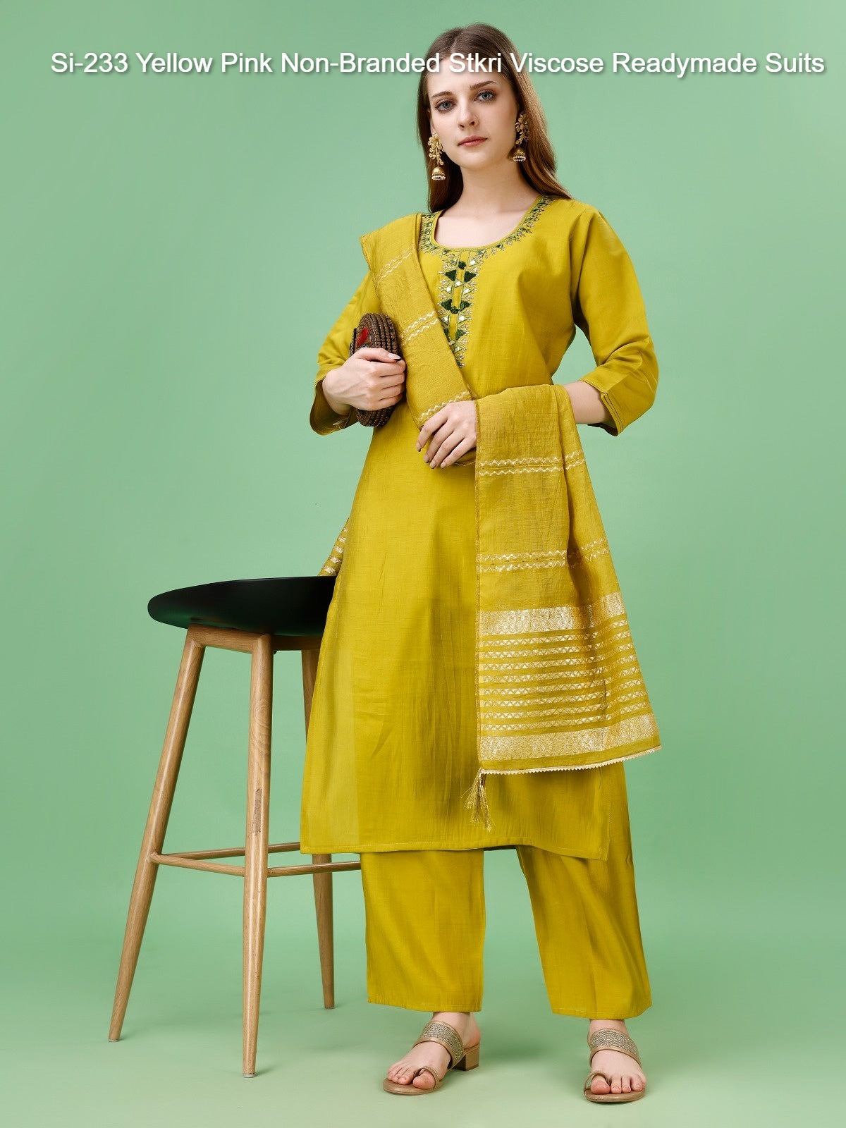 Si-233 Yellow Pink Non-Branded Stkri Viscose Readymade Suits