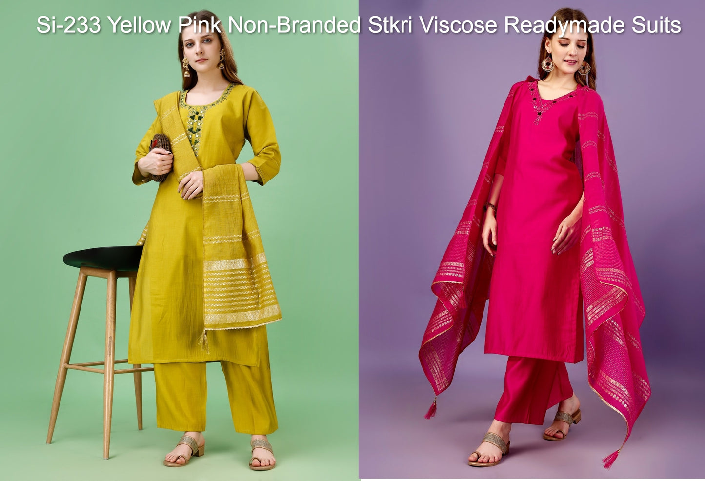 Si-233 Yellow Pink Non-Branded Stkri Viscose Readymade Suits