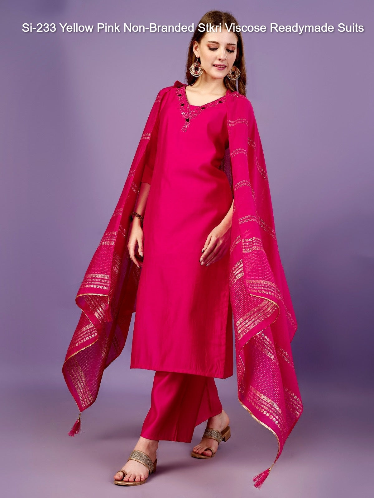 Si-233 Yellow Pink Non-Branded Stkri Viscose Readymade Suits