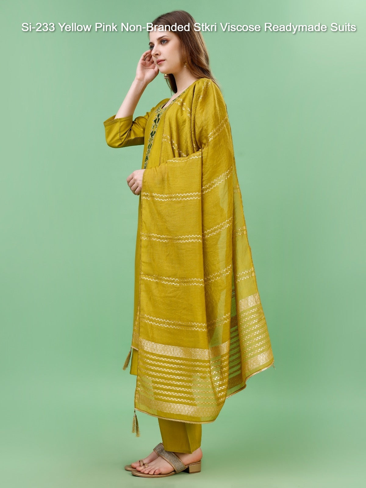 Si-233 Yellow Pink Non-Branded Stkri Viscose Readymade Suits