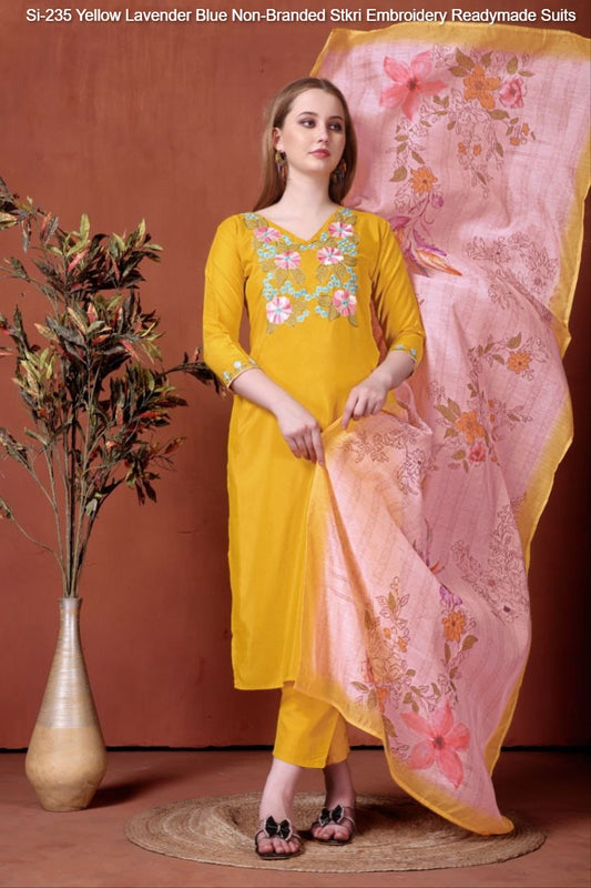Si-235 Yellow Lavender Blue Non-Branded Stkri Embroidery Readymade Suits