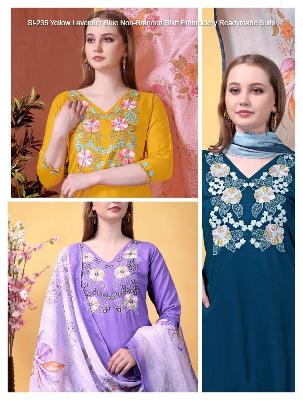 Si-235 Yellow Lavender Blue Non-Branded Stkri Embroidery Readymade Suits