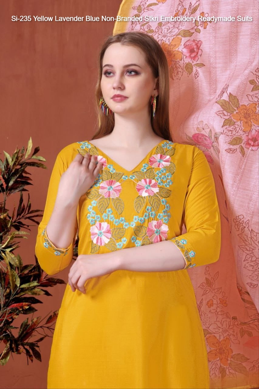 Si-235 Yellow Lavender Blue Non-Branded Stkri Embroidery Readymade Suits