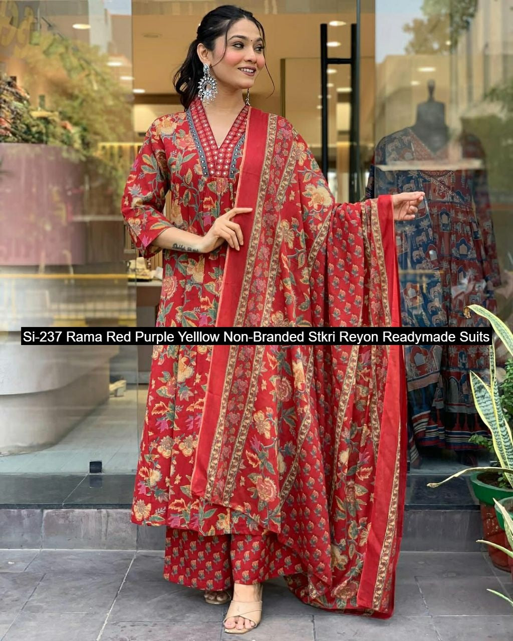 Si-237 Rama Red Purple Yelllow Non-Branded Stkri Reyon Readymade Suits