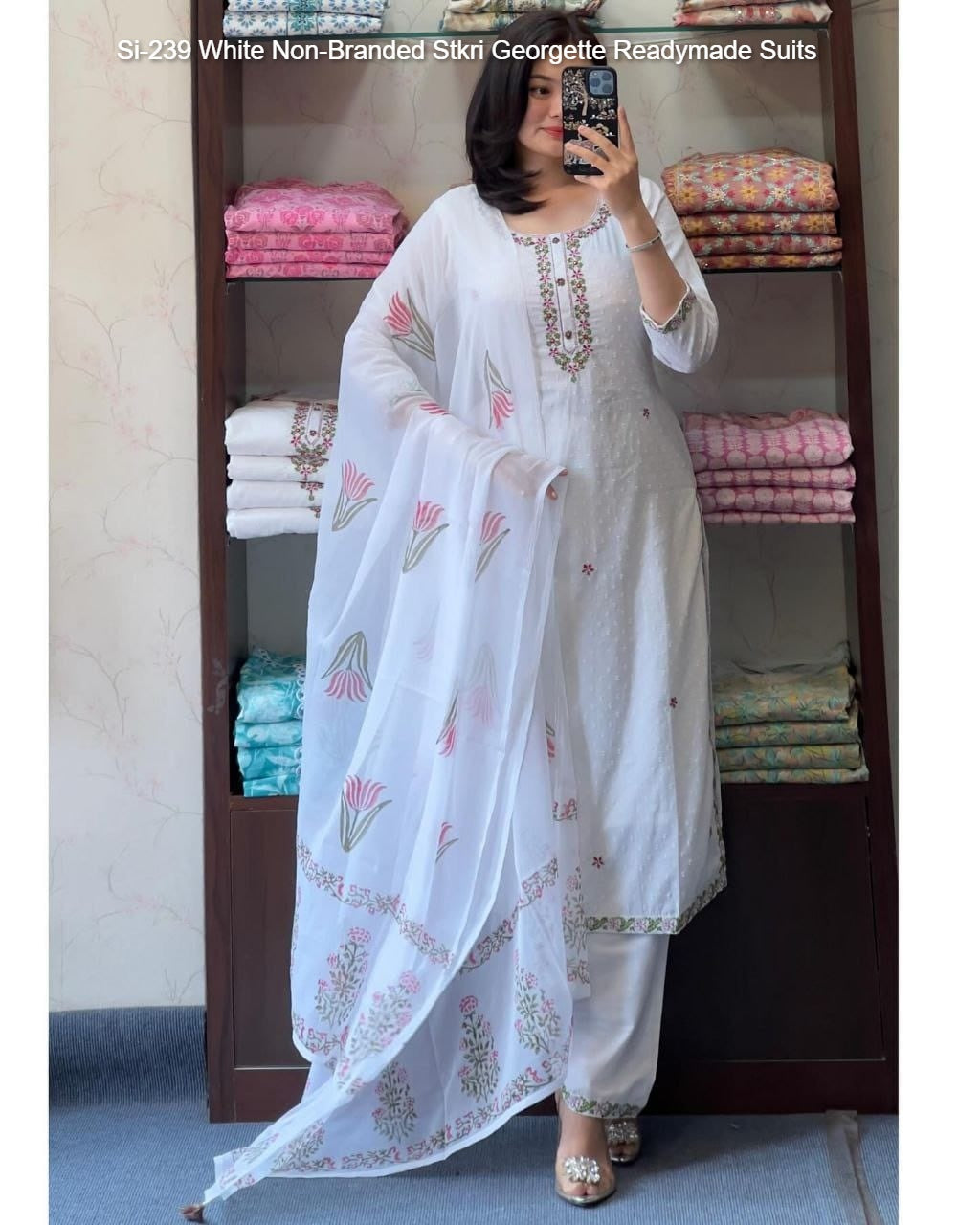Si-239 White Non-Branded Stkri Georgette Readymade Suits