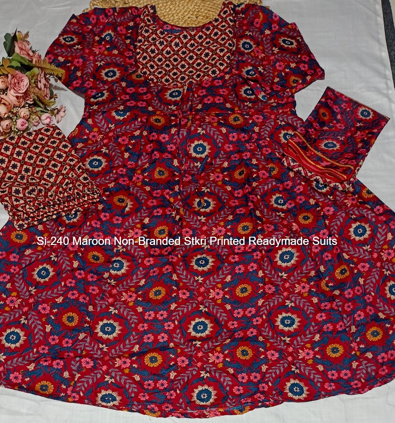 Si-240 Maroon Non-Branded Stkri Printed Readymade Suits