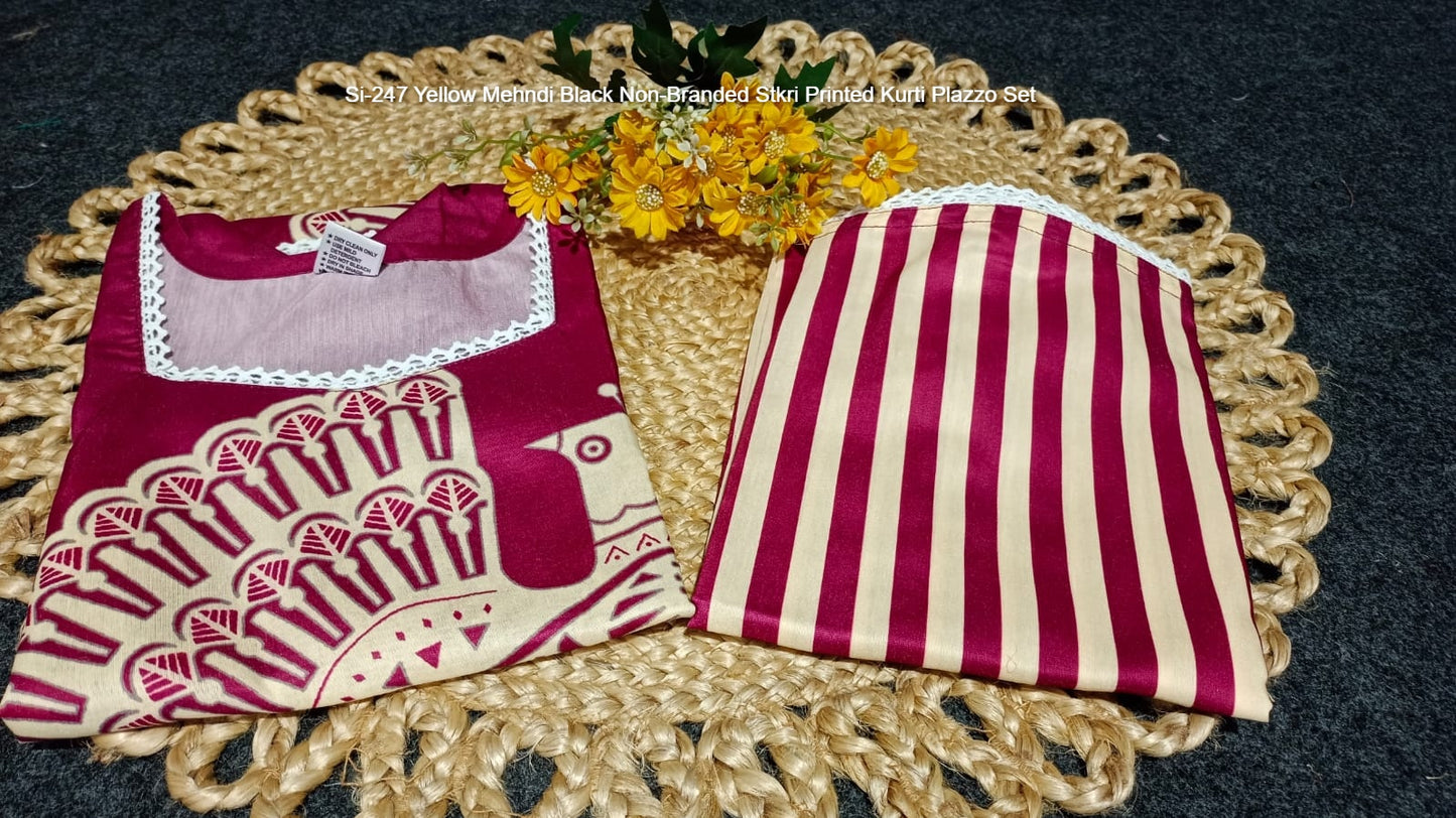 Si-247 Yellow Mehndi Black Non-Branded Stkri Printed Kurti Plazzo Set