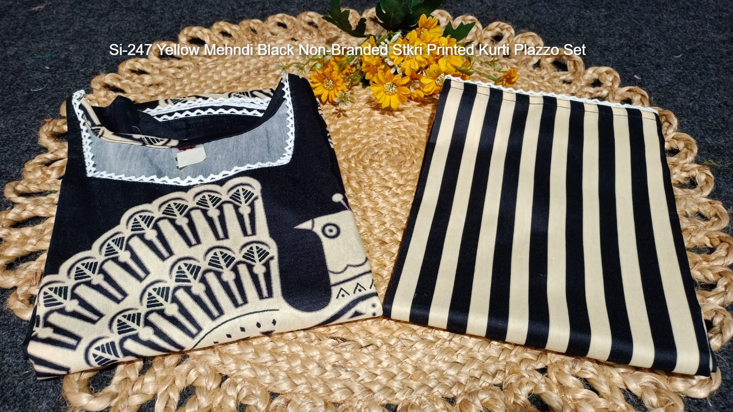 Si-247 Yellow Mehndi Black Non-Branded Stkri Printed Kurti Plazzo Set