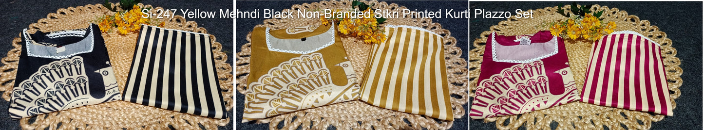Si-247 Yellow Mehndi Black Non-Branded Stkri Printed Kurti Plazzo Set
