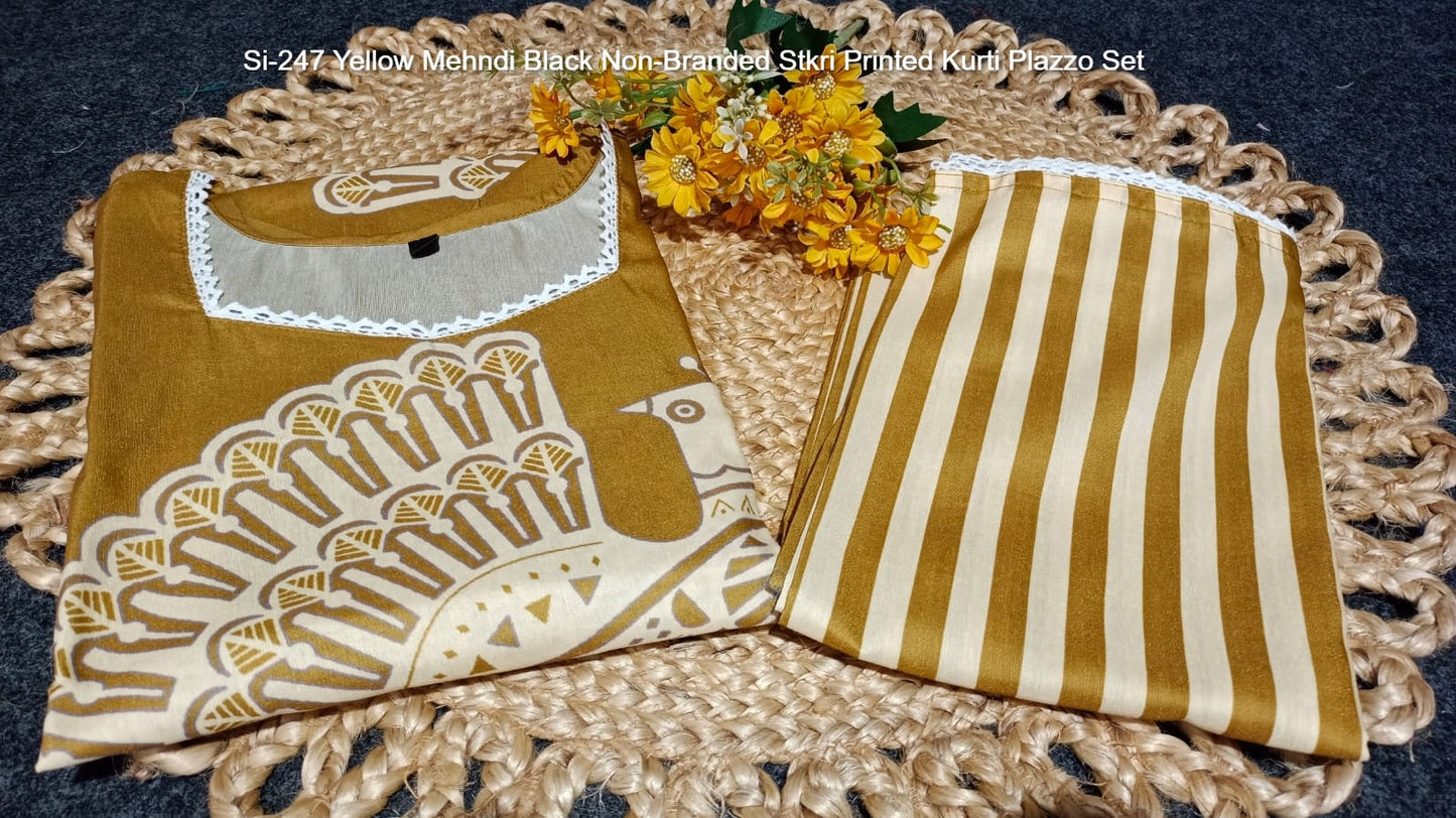Si-247 Yellow Mehndi Black Non-Branded Stkri Printed Kurti Plazzo Set
