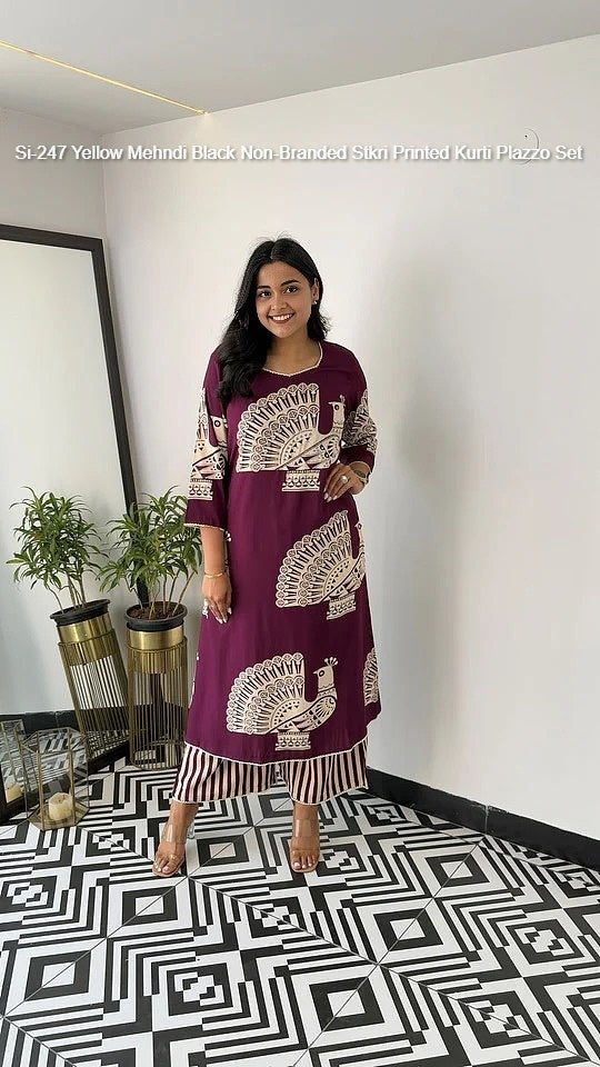 Si-247 Yellow Mehndi Black Non-Branded Stkri Printed Kurti Plazzo Set