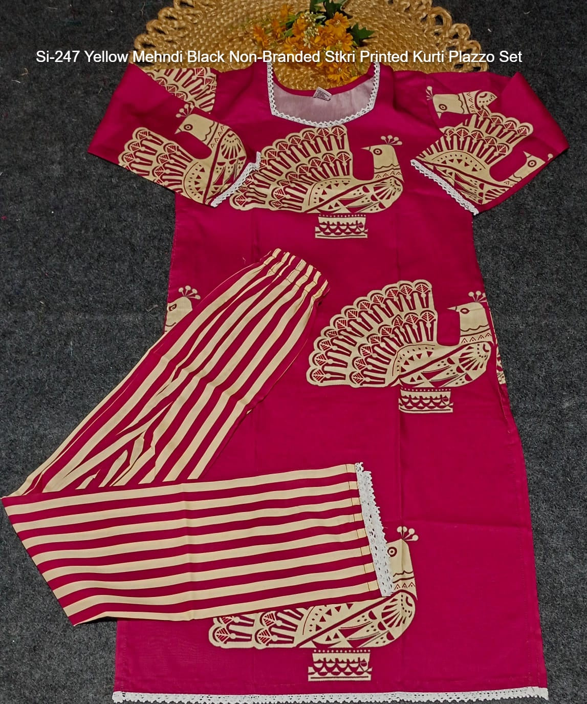 Si-247 Yellow Mehndi Black Non-Branded Stkri Printed Kurti Plazzo Set