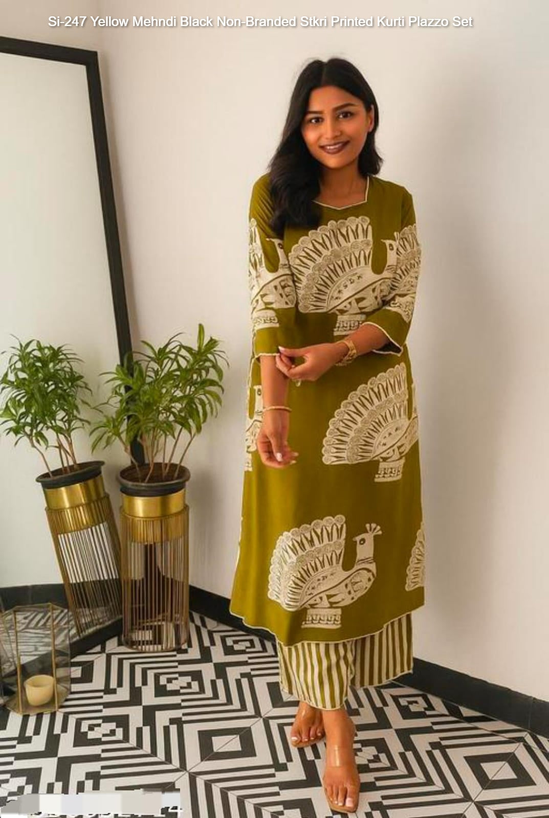Si-247 Yellow Mehndi Black Non-Branded Stkri Printed Kurti Plazzo Set