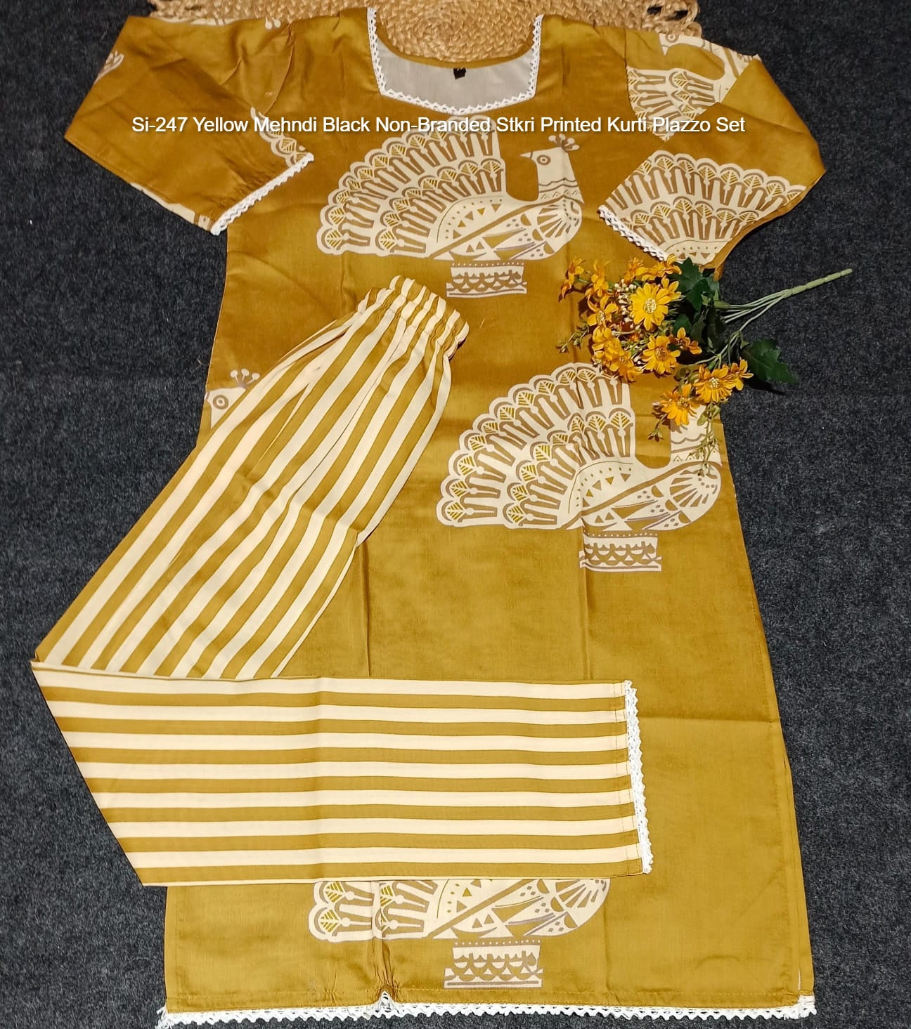 Si-247 Yellow Mehndi Black Non-Branded Stkri Printed Kurti Plazzo Set