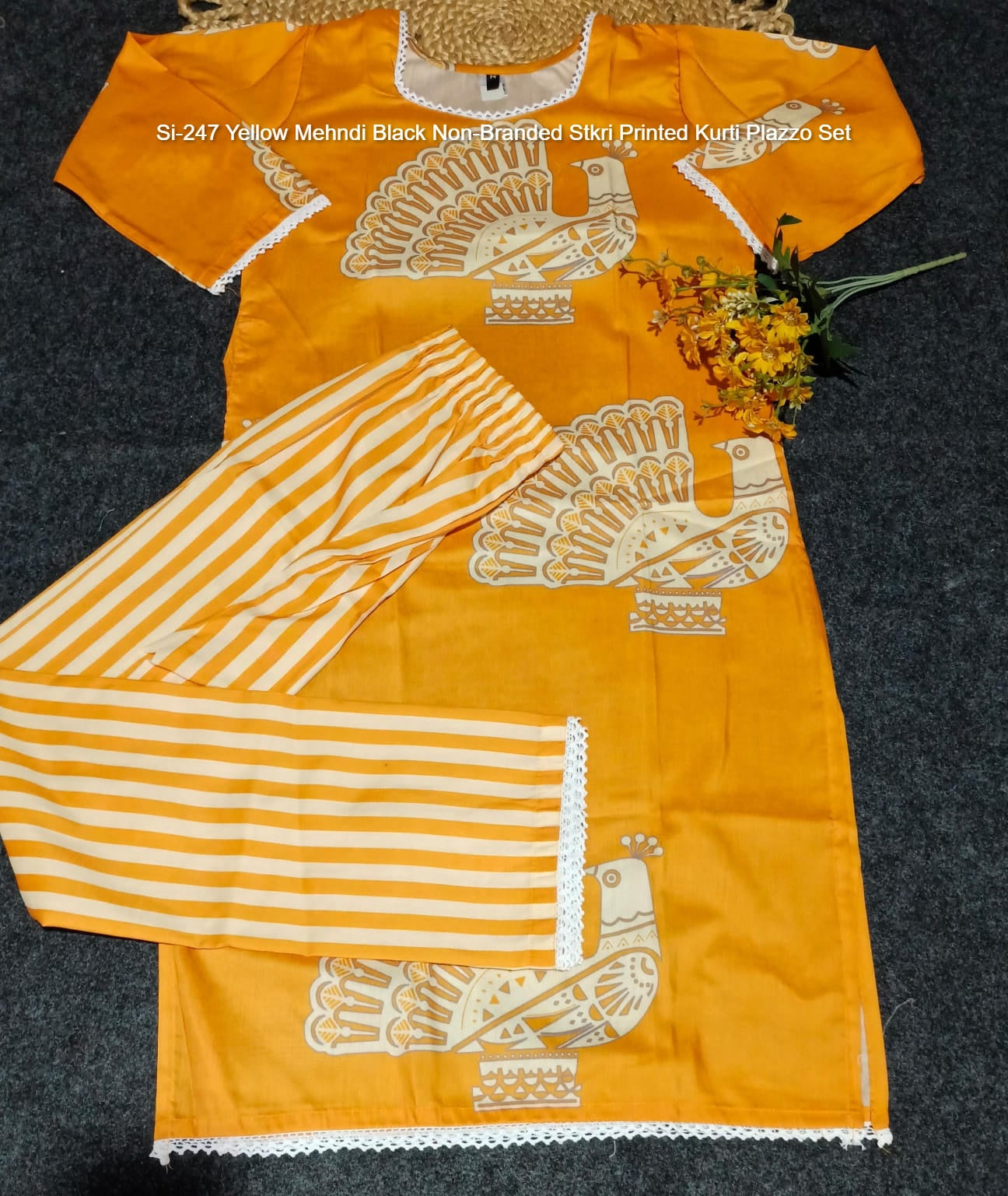 Si-247 Yellow Mehndi Black Non-Branded Stkri Printed Kurti Plazzo Set