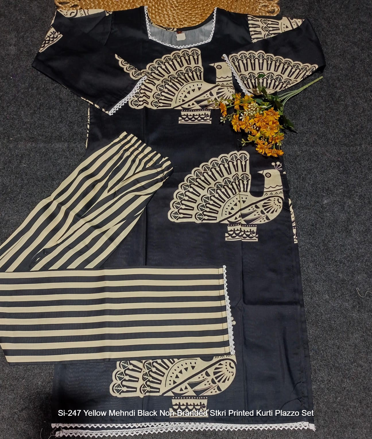 Si-247 Yellow Mehndi Black Non-Branded Stkri Printed Kurti Plazzo Set