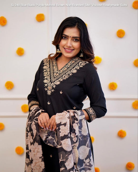 Si-248 Blue Black Purple Mehndi Brown Non-Branded Stkri Viscose Readymade Suits