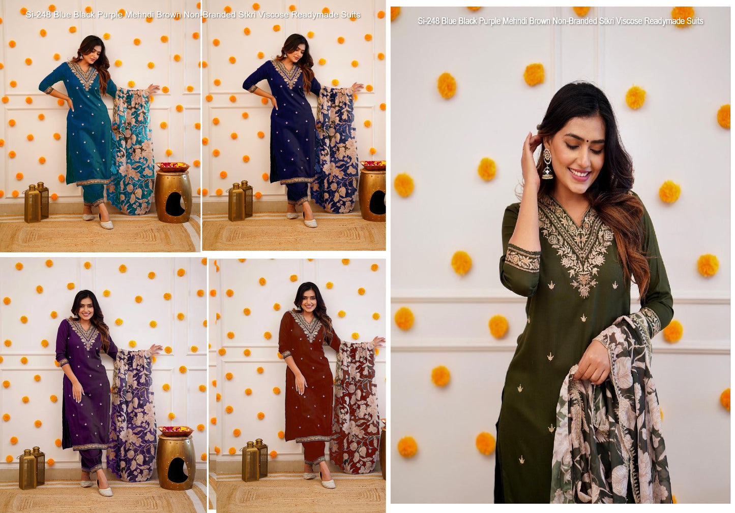 Si-248 Blue Black Purple Mehndi Brown Non-Branded Stkri Viscose Readymade Suits