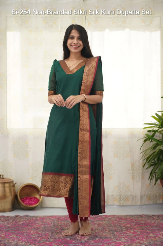 Si-254 Non-Branded Stkri Silk Kurti Dupatta Set