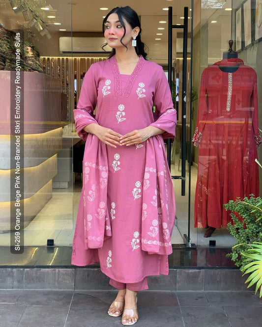 Si-259 Orange Beige Pink Non-Branded Stkri Embroidery Readymade Suits