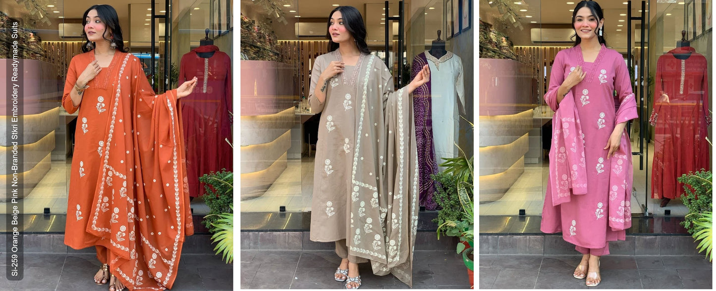 Si-259 Orange Beige Pink Non-Branded Stkri Embroidery Readymade Suits