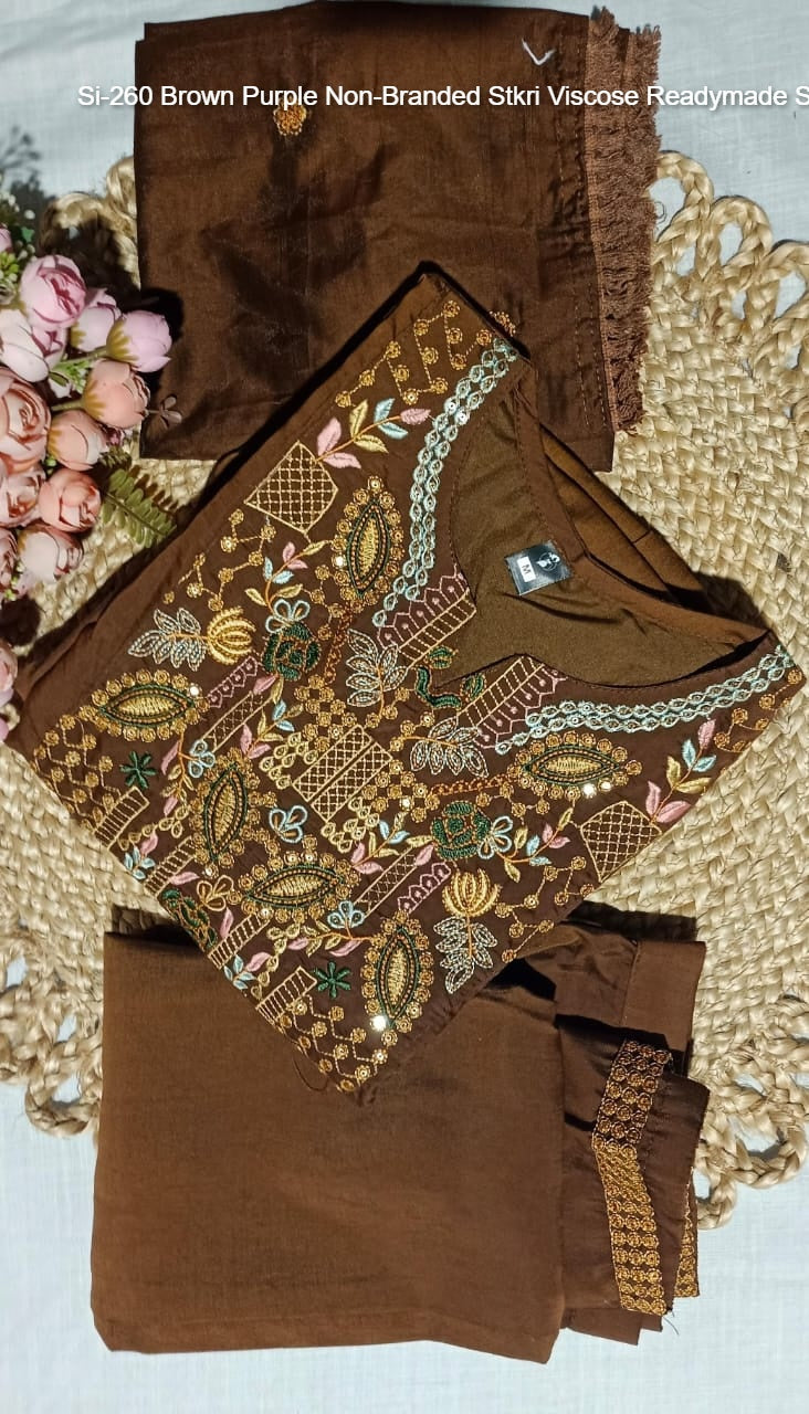 Si-260 Brown Purple Non-Branded Stkri Viscose Readymade Suits