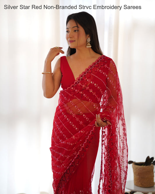 Silver Star Red Non-Branded Strvc Embroidery Sarees