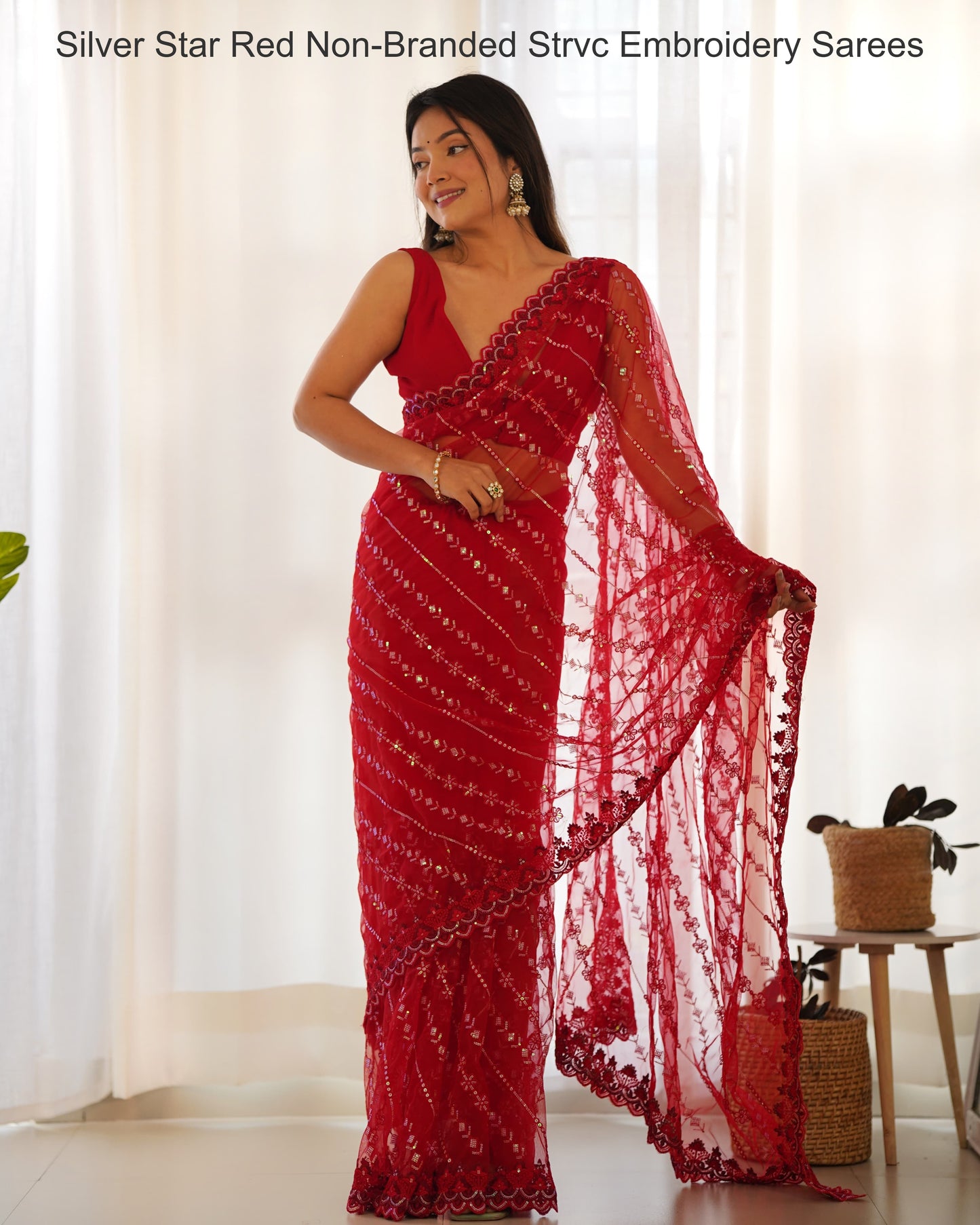 Silver Star Red Non-Branded Strvc Embroidery Sarees