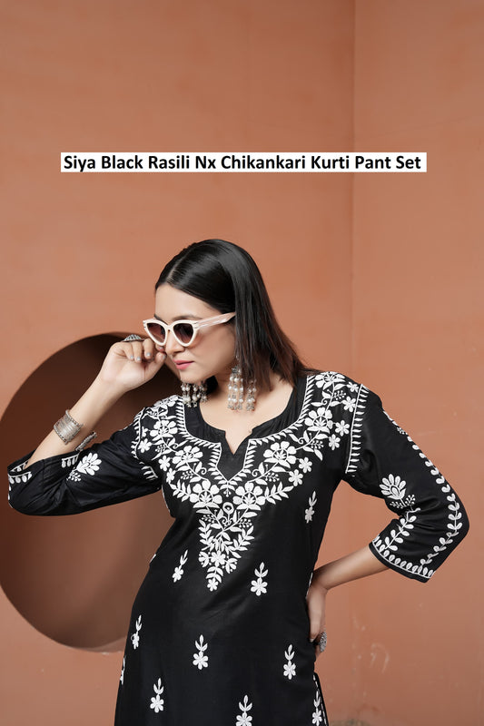 Siya Black Rasili Nx Chikankari Kurti Pant Set