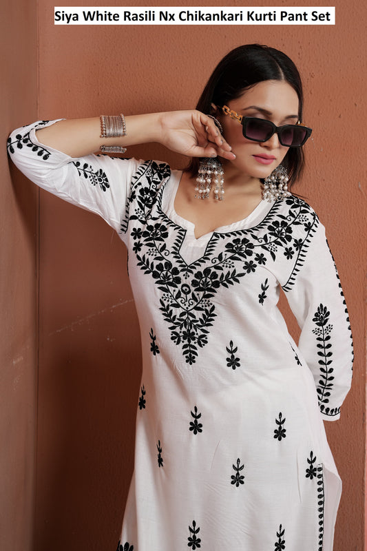 Siya White Rasili Nx Chikankari Kurti Pant Set