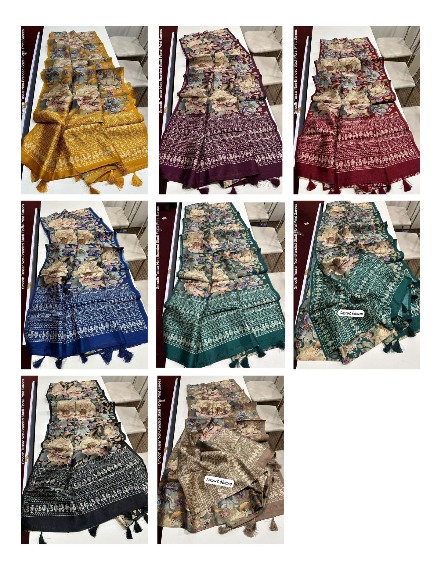 Smooth Tussar Non-Branded Stadi Floral Print Sarees