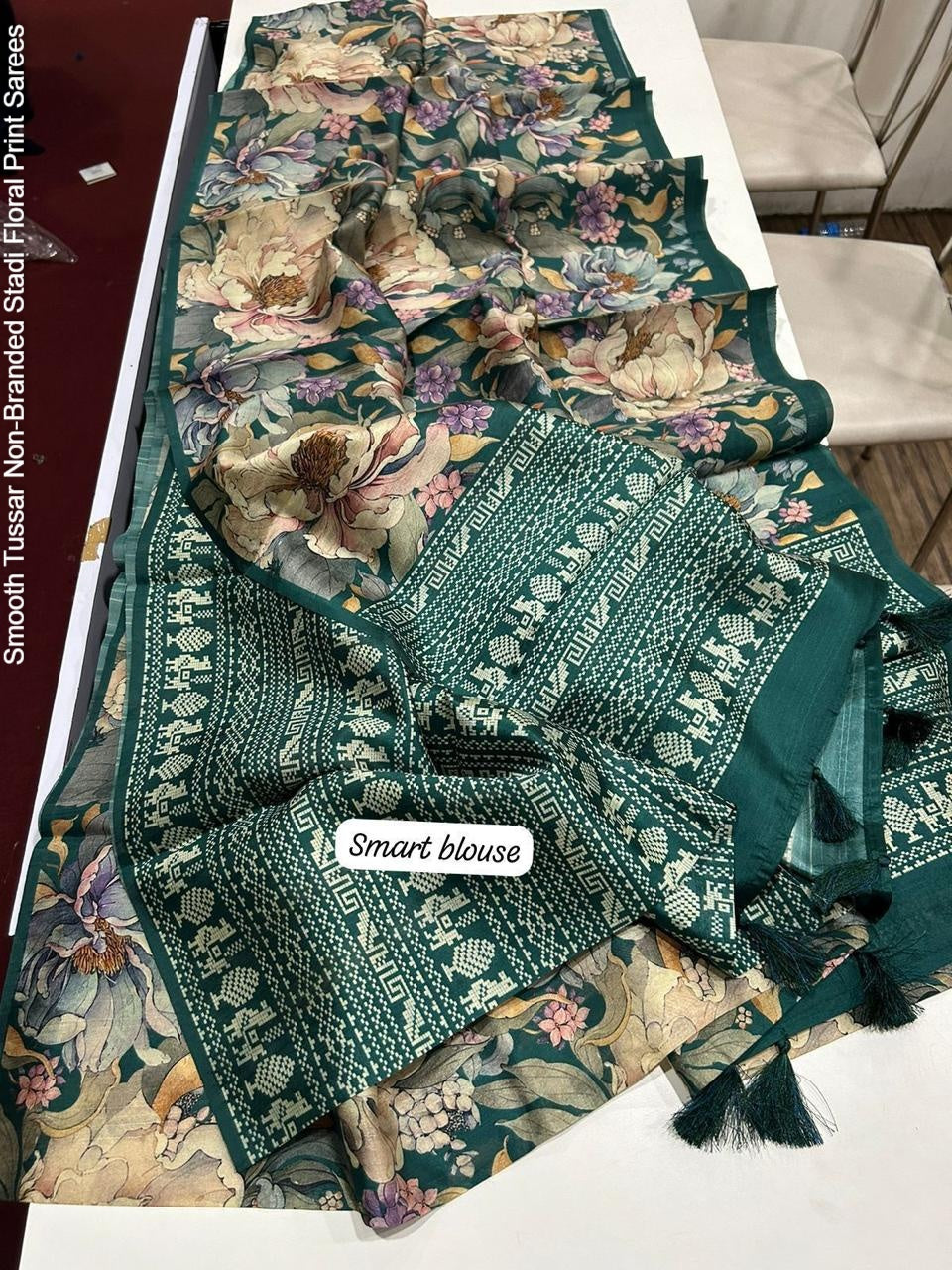 Smooth Tussar Non-Branded Stadi Floral Print Sarees