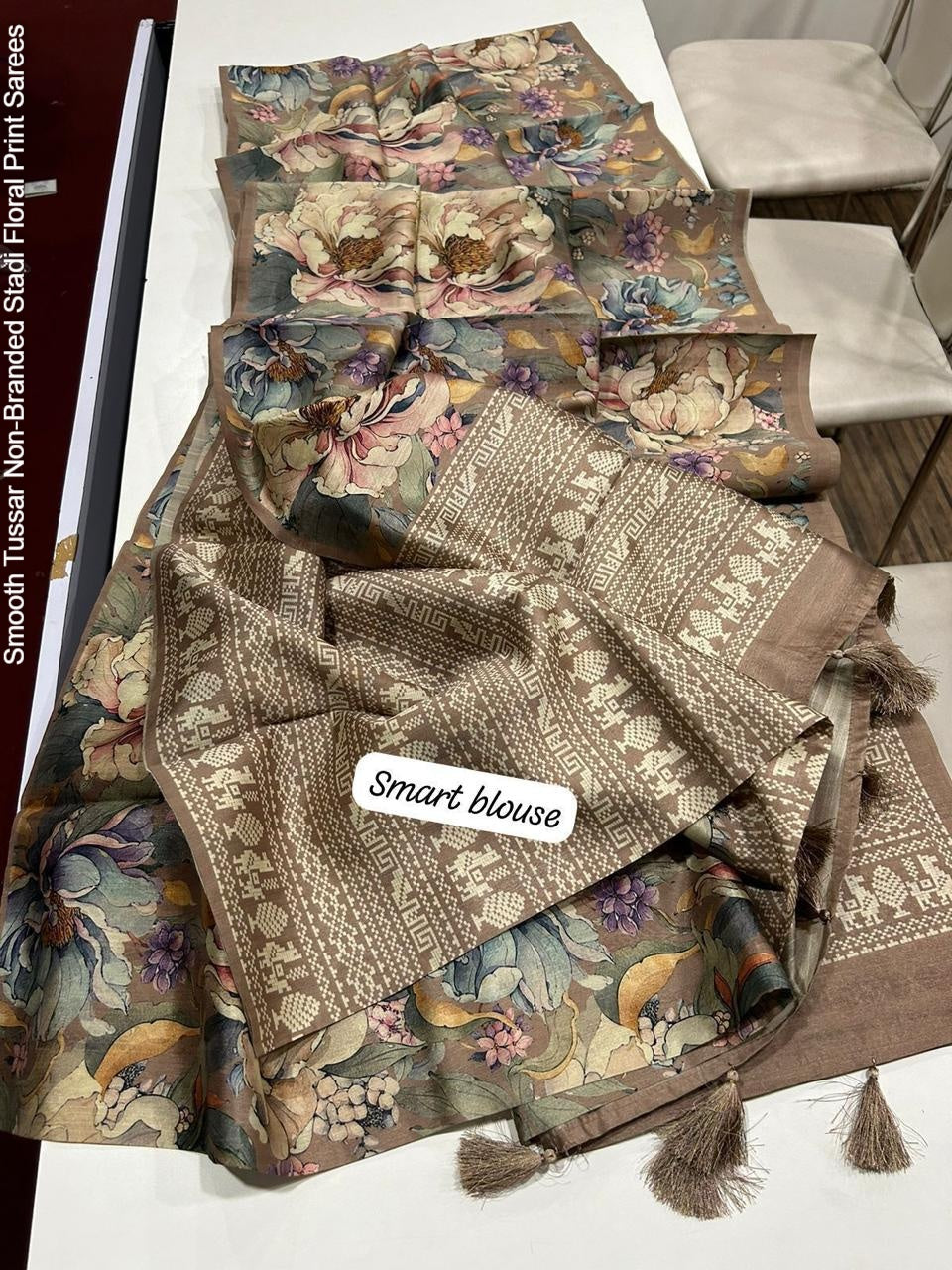 Smooth Tussar Non-Branded Stadi Floral Print Sarees