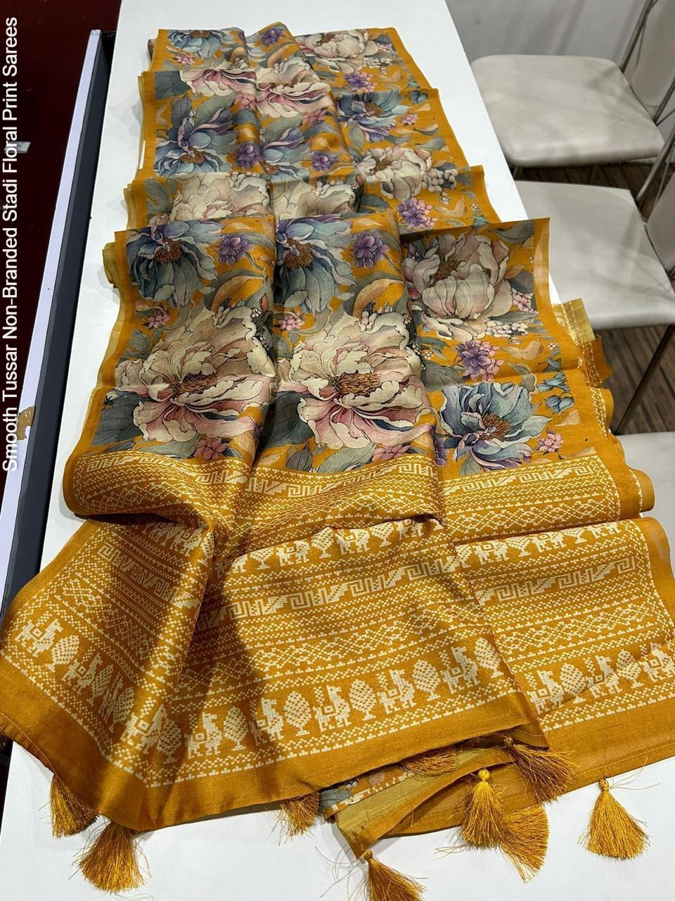 Smooth Tussar Non-Branded Stadi Floral Print Sarees