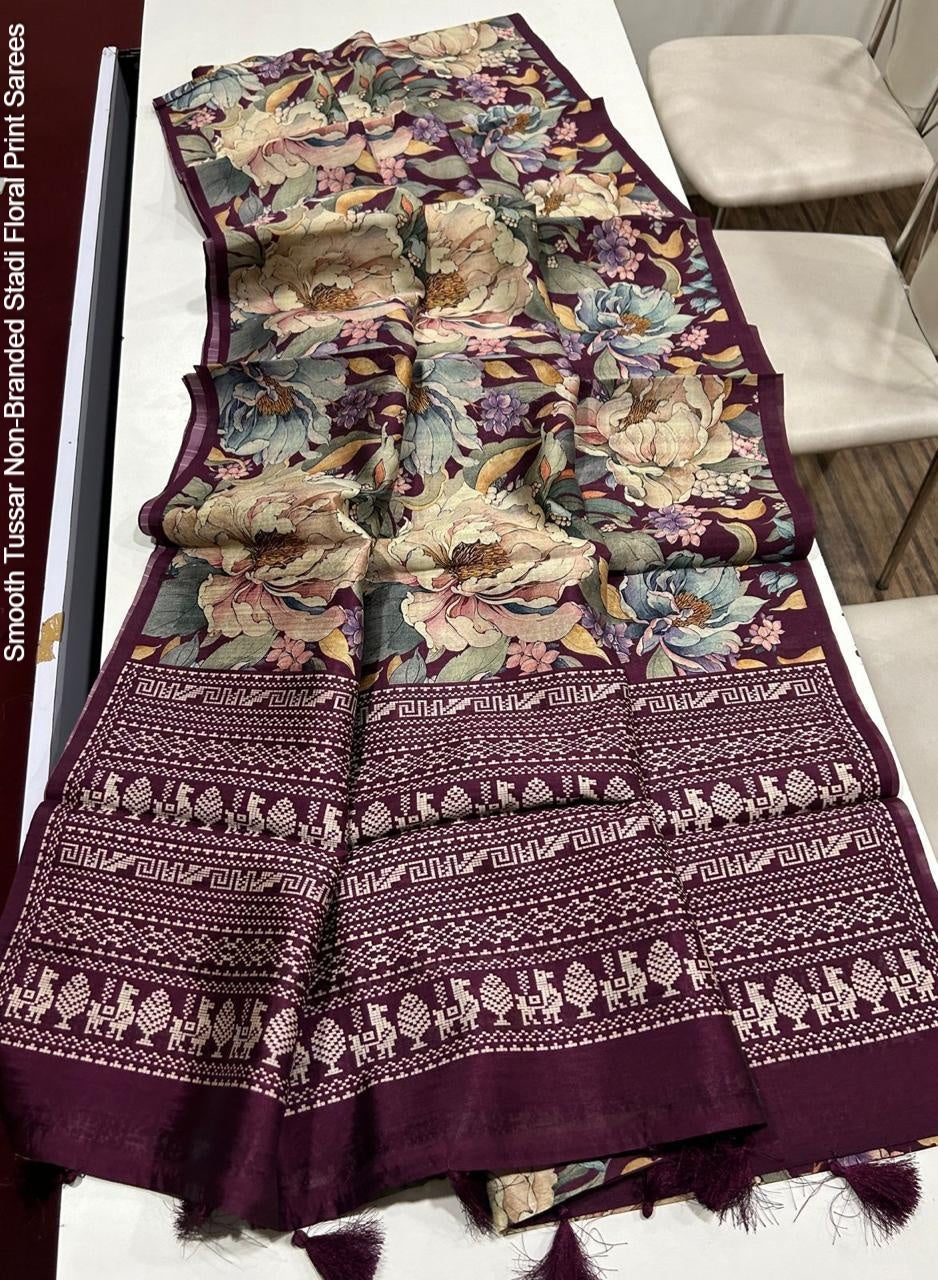 Smooth Tussar Non-Branded Stadi Floral Print Sarees