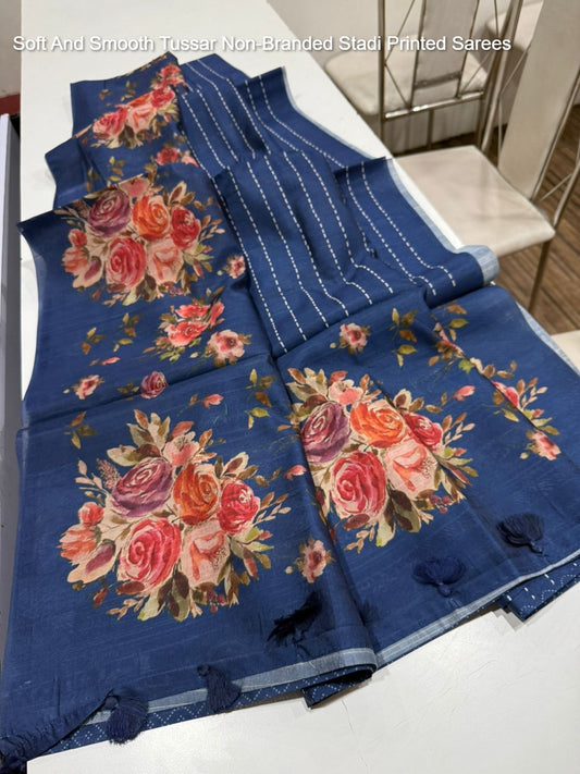 Soft And Smooth Tussar Non-Branded Stadi Printed Sarees