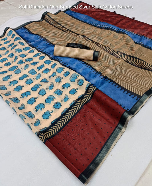 Soft Chanderi Non-Branded Stvar Slub Cotton Sarees