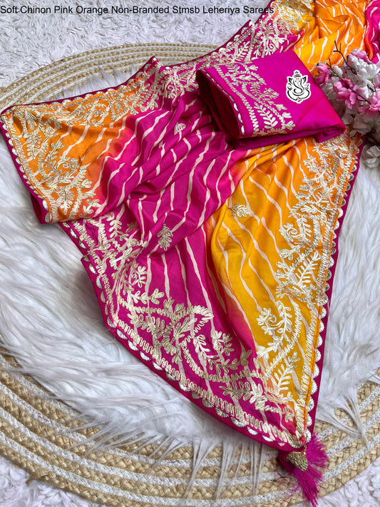 Soft Chinon Pink Orange Non-Branded Stmsb Leheriya Sarees