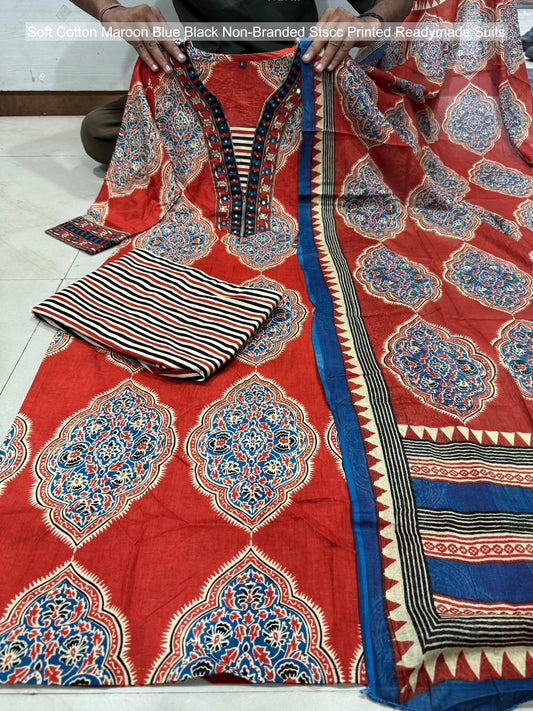 Soft Cotton Maroon Blue Black Non-Branded Stscc Printed Readymade Suits