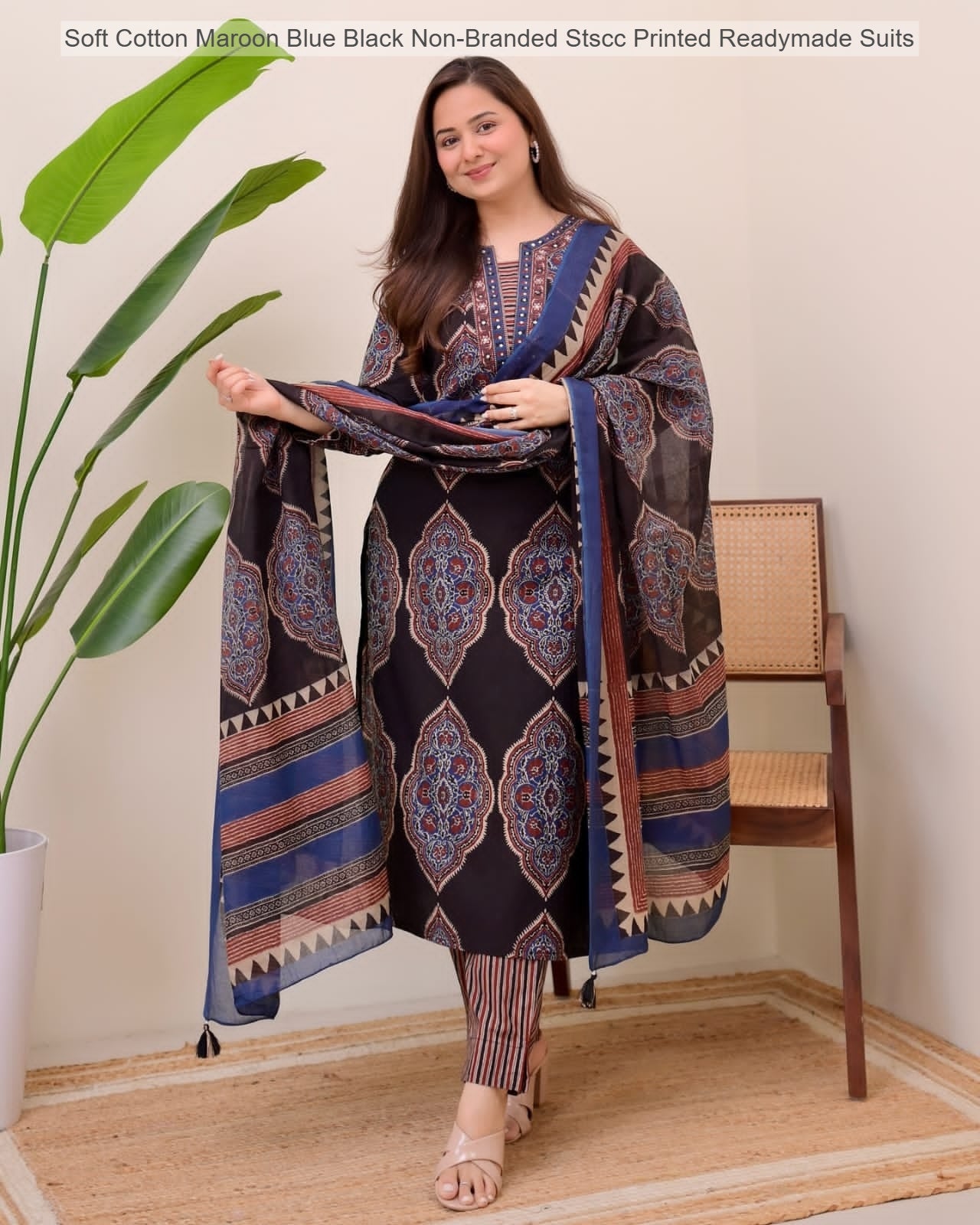 Soft Cotton Maroon Blue Black Non-Branded Stscc Printed Readymade Suits