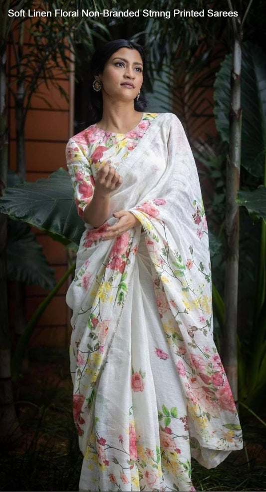 Soft Linen Floral Non-Branded Stmng Printed Sarees