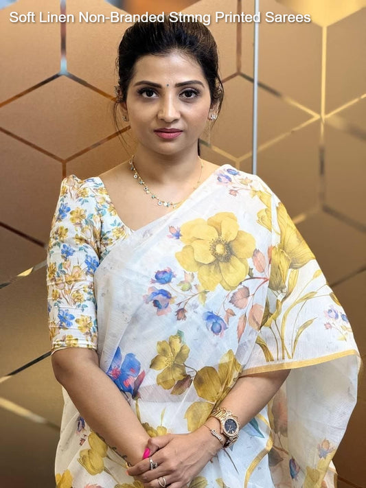Soft Linen Non-Branded Stmng Printed Sarees