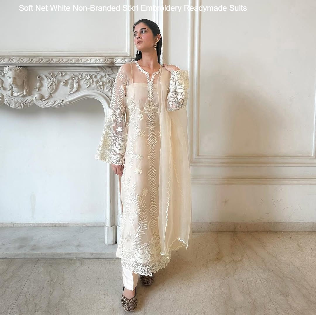 Soft Net White Non-Branded Stkri Embroidery Readymade Suits