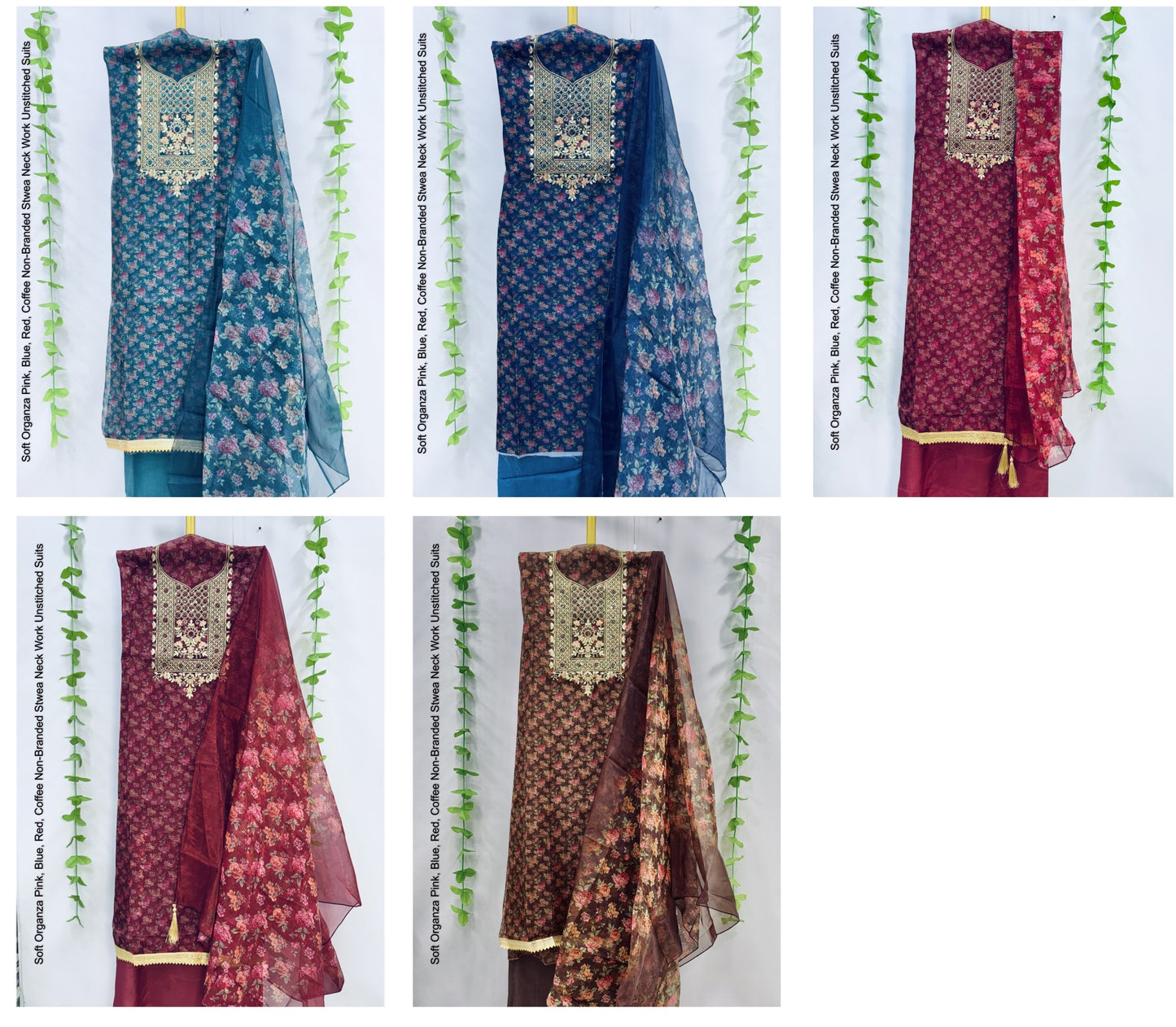 Soft Organza Pink, Blue, Red, Coffee Non-Branded Stwea Neck Work Unstitched Suits